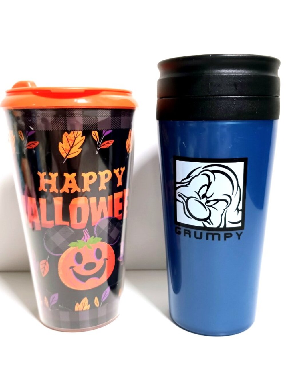 Disney Parks Tumbler Travel Mug Lot 2 Halloween Mickey Pumpkin Pursuit & Grumpy